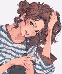 Rule 34 | 1girl, arm up, brown eyes, brown hair, elliemaplefox, highres, long sleeves, medium hair, mouth hold, original, parted lips, shadow, shirt, simple background, smile, solo, striped clothes, striped shirt, white background