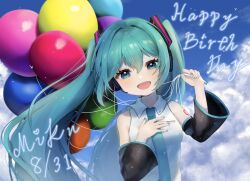 Rule 34 | 1girl, absurdres, balloon, blue eyes, blue hair, blush, character name, collared shirt, dated, day, detached sleeves, hair ornament, hand on own chest, happy birthday, hatsune miku, headphones, highres, holding, holding balloon, long hair, long sleeves, nail polish, necktie, open mouth, shirt, sky, sleeveless, sleeveless shirt, smile, solo, suiren nei, upper body, very long hair, vocaloid