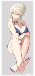 Rule 34 | 1girl, absurdres, arm up, artoria pendragon (fate), artoria pendragon (lancer alter) (fate), bad id, bad pixiv id, bare arms, bare legs, bare shoulders, barefoot, bikini, blue bikini, blue nails, braid, breasts, brown eyes, cleavage, closed mouth, collarbone, commentary, cup, drink, drinking glass, english commentary, fate/grand order, fate (series), feet, fingernails, grey background, hair between eyes, hair bun, highres, holding, holding cup, holding drinking glass, huyou (awegk), large breasts, light brown hair, long hair, looking away, looking to the side, nail polish, sidelocks, single hair bun, sitting, soles, solo, swimsuit, toenail polish, toenails, two-tone background, white background
