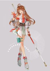 Rule 34 | 1girl, alternate costume, bare shoulders, brown hair, detached sleeves, eiyuu densetsu, estelle bright, gloves, hair intakes, hair ornament, highres, holding, holding polearm, holding weapon, nishihara isao, polearm, red eyes, see-through, solo, sora no kiseki, staff, weapon