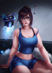 Rule 34 | 1girl, arm at side, artist name, axsen, bare shoulders, beads, black-framed eyewear, blue coat, blue shorts, breasts, brown eyes, brown hair, cleavage, coat, cowboy shot, deviantart username, drone, eyelashes, fingernails, floating, fur-trimmed coat, fur trim, glasses, hair between eyes, hair bun, hair ornament, hair stick, hand on own knee, large breasts, lips, lipstick, looking at viewer, machinery, makeup, mei (overwatch), navel, nose, overwatch, overwatch 1, parka, parted lips, patreon username, pink lips, robot, short hair, short shorts, shorts, sidelocks, single hair bun, sitting, sleeveless, smile, snowball (overwatch), snowflake hair ornament, solo, swept bangs, tank top, watermark, web address, winter clothes, winter coat