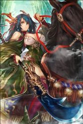 Rule 34 | 1girl, bamboo, bamboo forest, bare shoulders, blue eyes, blue hair, breasts, cleavage, detached sleeves, forest, guan dao, horns, horse, large breasts, long hair, matching hair/eyes, nature, official art, polearm, purple thighhighs, reins, riding, solo, thighhighs, venus blade, yaoya musuko