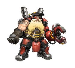 Rule 34 | 1boy, absurdres, arnold tsang, beard, blonde hair, braid, braided beard, clenched teeth, cyborg, facial hair, forked beard, full body, gloves, highres, male focus, mask, mask on head, muscular, official art, overwatch, overwatch 1, solo, standing, teeth, torbjorn (overwatch), transparent background, welding mask