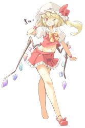 Rule 34 | 1girl, adapted costume, arm at side, arnest, bare legs, blonde hair, blush, bow, bowtie, bright pupils, commentary request, crop top, crystal, fang, flandre scarlet, frilled cuffs, frilled hat, frilled skirt, frilled sleeves, frills, full body, grin, groin, hand up, hat, hat bow, highres, looking at viewer, low wings, mary janes, midriff, miniskirt, mob cap, navel, no legwear, one eye closed, one side up, outstretched hand, pleated skirt, puffy short sleeves, puffy sleeves, red bow, red eyes, red footwear, red skirt, red vest, shirt, shoes, short hair, short sleeves, sidelocks, simple background, skirt, smile, solo, stomach, touhou, vest, walking, white background, white hat, white pupils, white shirt, wings, wrist cuffs, yellow bow, yellow bowtie