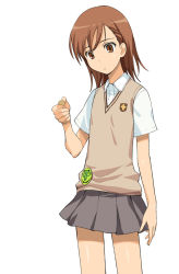 Rule 34 | 00s, 1girl, a1 (initial-g), brown eyes, brown hair, misaka mikoto, school uniform, short hair, simple background, skirt, solo, sweater vest, toaru majutsu no index, white background