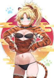 Rule 34 | 1girl, 2022, absurdres, alternate costume, animal ears, bikini, bikini bottom only, blonde hair, blush, braid, breasts, chinese zodiac, closed mouth, commentary, fate/apocrypha, fate (series), french braid, frown, green eyes, hair intakes, hair ornament, hair scrunchie, highres, long hair, long sleeves, looking at viewer, mordred (fate), mordred (fate/apocrypha), navel, parted bangs, ponytail, red scrunchie, scrunchie, sidelocks, small breasts, solo, swimsuit, thighhighs, thighs, tiger ears, tonee, turtleneck, year of the tiger