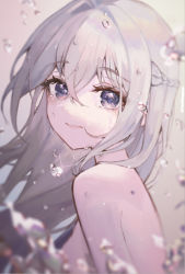 Rule 34 | 1girl, 1yu x, artist request, blush, braid, crying, crying with eyes open, french braid, from side, grey hair, highres, long hair, looking at viewer, looking to the side, original, purple eyes, solo, tears, water