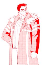 Rule 34 | 1boy, bara, coat, facial hair, glasses, light smile, looking to the side, male focus, monochrome, motoori shiro, muscular, muscular male, pectorals, red theme, rimless eyewear, short hair, sideburns, sideburns stubble, solo, standing, stubble, sweater, thick eyebrows, tokyo houkago summoners, tyou, white background