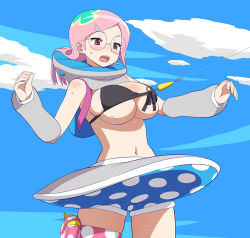 Rule 34 | 10s, 1girl, bare shoulders, bikini, bikini pull, bikini top lift, bikini top only, black bikini, blush, breasts, cleavage, clothes lift, clothes pull, cloud, coco (tsuritama), day, detached sleeves, fishing hook, fishing line, glasses, hair ornament, hairclip, huge breasts, innertube, large breasts, lifting another&#039;s clothes, long hair, navel, open mouth, pink eyes, red eyes, shorts, skirt, sky, solo, sweat, swim ring, swimsuit, tsuritama, umi no tarako, water gun, wet