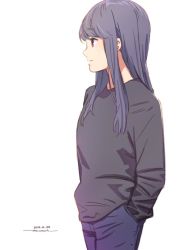 Rule 34 | 1girl, black sweater, blue hair, character request, check character, closed mouth, cowboy shot, dated, denim, from side, hair down, hands in pockets, horikou, jeans, long hair, long sleeves, pants, profile, purple eyes, purple pants, shima rin, signature, simple background, smile, solo, sweater, white background, yurucamp