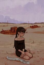 Rule 34 | 1girl, black dress, boat, bone, brown hair, collarbone, commentary, dark-skinned female, dark skin, desert, dress, english commentary, half-closed eyes, io (onisarashi), long hair, low ponytail, muted color, off-shoulder dress, off shoulder, original, outdoors, ponytail, profile, ruins, rust, scenery, sitting, sky, solo, spine, watercraft