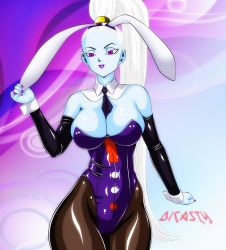 Rule 34 | 10s, 1girl, angel, animal ears, blue skin, breasts, colored skin, dicasty, dragon ball, dragon ball super, fake animal ears, female focus, highres, leotard, nail polish, necktie, playboy bunny, ponytail, rabbit ears, text focus, thick thighs, thighs, vados (dragon ball), white hair