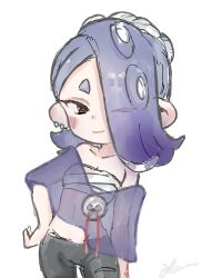 Rule 34 | 1girl, ;), artist name, asymmetrical hair, blue hair, blush, breasts, chest sarashi, cleavage, closed mouth, collarbone, cowboy shot, earrings, eyes visible through hair, hand on own hip, highres, jewelry, multiple earrings, nintendo, octoling, one eye closed, plum0o0, poncho, red eyes, sarashi, see-through, shiver (splatoon), short eyebrows, signature, simple background, smile, solo, splatoon (series), splatoon 3, suction cups, tentacle hair, tooth earrings, white background