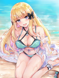 Rule 34 | 1girl, aqua bikini, bare shoulders, bikini, black bow, blonde hair, blue eyes, blush, bow, breasts, cleavage, commentary request, elf, flower, hair bow, hair flower, hair ornament, highres, konka, large breasts, layered bikini, long hair, looking at viewer, open mouth, pointy ears, princess connect!, saren (princess connect!), saren (summer) (princess connect!), sitting, smile, solo, swimsuit, thighs