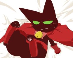 Rule 34 | aka muffler yamato, animal, animal ears, bed, bell, black cat, cape, cat, cat ears, closed mouth, furry, furry male, gloves, green eyes, mao mao: heroes of pure heart, mao mao (mao mao: heroes of pure heart), red cape, red gloves, shame, yaoi
