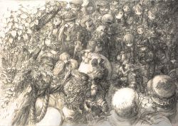 Rule 34 | 6+boys, 6+girls, apple, crowd, day, flower, food, fruit, money, monochrome, multiple boys, multiple girls, old, old man, old woman, original, outdoors, sepia, standing, traditional media, tsukushi akihito