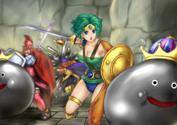 Rule 34 | 1boy, 2girls, alena (dq4), armor, ass, asymmetrical clothes, battle, blue eyes, boots, breasts, cameltoe, cape, chunsoft, circlet, claws, cleavage, crown, curly hair, dragon quest, dragon quest iv, dress, earrings, enix, facial hair, gloves, green hair, hat, helmet, heroine (dq4), jewelry, large breasts, long hair, metal king, metal king slime, multiple girls, mustache, open mouth, orange hair, pantyhose, punching, ryan (dq4), shield, short hair, single thighhigh, sword, thigh strap, thighhighs, tomw, weapon