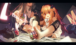 Rule 34 | 2girls, bare shoulders, barefoot, brown hair, camera, child, commentary request, detached sleeves, fang, feet, feet on toy, unworn footwear, girls&#039; frontline, head out of frame, highres, holding, holding camera, letterboxed, long hair, multiple girls, newspaper, open mouth, rubik&#039;s cube, scar, scar across eye, scar on face, shoes, unworn shoes, sitting, skin fang, sneakers, solo focus, squatting, tianliang duohe fangdongye, ump45 (girls&#039; frontline), ump9 (girls&#039; frontline), zipper, zipper pull tab