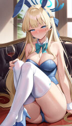 Rule 34 | 1girl, absurdres, animal ears, ass, bare shoulders, blonde hair, blue archive, blue bow, blue eyes, blue hairband, blue leotard, blush, bow, bowtie, braid, breasts, cleavage, collarbone, couch, cup, detached collar, drinking glass, drunk, ear piercing, earpiece, fake animal ears, hairband, halo, high heels, highleg, highleg leotard, highres, holding, holding cup, knees up, kyonta, leotard, long hair, medium breasts, microphone, official alternate costume, official alternate hairstyle, parted lips, piercing, playboy bunny, rabbit ears, sitting, squeans, sweat, thighhighs, thighs, toki (blue archive), toki (bunny) (blue archive), very long hair, white thighhighs, window, wine glass, wrist cuffs