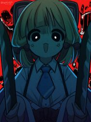 Rule 34 | 1girl, anger vein, animal ears, black eyes, blonde hair, blue archive, blue necktie, bright pupils, cat ears, commentary, death momoi (meme), dual wielding, fake animal ears, highres, holding, holding knife, knife, looking at viewer, meme, momoi (blue archive), necktie, nyahiro, open mouth, red background, shirt, solo, upper body, white pupils, white shirt