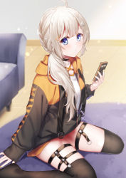 Rule 34 | 1girl, ahoge, black jacket, black thighhighs, blue eyes, blurry, blurry background, blush, cellphone, closed mouth, commentary request, depth of field, grey hair, hair ornament, hair over shoulder, hairclip, highres, holding, holding phone, indoors, jacket, kitasaya ai, kizuna akari, long hair, long sleeves, looking at viewer, low ponytail, nail polish, no shoes, phone, ponytail, shirt, sitting, sleeves past wrists, solo, star (symbol), star hair ornament, thighhighs, voiceroid, wariza, white shirt, wooden floor, x hair ornament, yellow nails