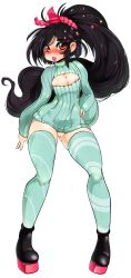 Rule 34 | 1girl, aged up, antenna hair, aqua thighhighs, areola slip, asymmetrical legwear, bad id, bad pixiv id, black hair, blue thighhighs, blush, boots, bottomless, breasts, brown eyes, candy, cleavage, cleavage cutout, cleft of venus, clothing cutout, contrapposto, disney, female focus, food, green thighhighs, hair ornament, hand on own hip, high heel boots, high heels, highres, leggings, lipstick, lollipop, long hair, long legs, makeup, meme attire, mismatched legwear, naked sweater, nipple slip, nipples, no bra, no panties, nose blush, open-chest sweater, platform footwear, platform heels, ponytail, pussy, ribbed sweater, saliva, saliva trail, scrunchie, slugbox, small breasts, smile, solo, standing, striped clothes, striped thighhighs, sweater, thighhighs, turtleneck, uncensored, vanellope von schweetz, very long hair, wide hips, wreck-it ralph