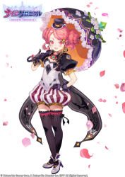 Rule 34 | 1girl, black thighhighs, blush, carolina (knights chronicle), copyright name, double bun, earrings, fang, flower, full body, gloves, gokuma, hair bun, hair flower, hair ornament, hand on own hip, hat, highres, jewelry, knights chronicle, leaf, mismatched earrings, official art, open mouth, petals, pink eyes, pink hair, shorts, simple background, skin fang, solo, standing, striped clothes, striped shorts, swept bangs, teeth, thighhighs, top hat, umbrella, white background