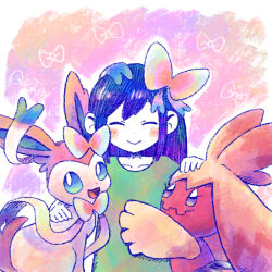 Rule 34 | 1girl, aubrey (headspace) (omori), aubrey (omori), blue eyes, blush, bright pupils, closed eyes, closed mouth, collarbone, colored skin, creatures (company), crossover, game freak, gen 6 pokemon, green shirt, hair ribbon, hand on another&#039;s back, hand on another&#039;s head, looking at another, looking at viewer, nintendo, omori, open mouth, pokemon, pokemon (creature), purple hair, red skin, ribbon, shirt, smile, sun iiinu, sylveon, tinkaton, white pupils, white skin