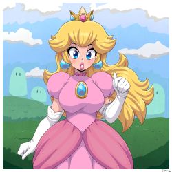 Rule 34 | 1girl, absurdres, blonde hair, blue eyes, breasts, cloud, crown, dress, earrings, elbow gloves, gloves, highres, jewelry, large breasts, lips, long hair, mario (series), nintendo, outdoors, parted lips, pink dress, princess peach, puffy short sleeves, puffy sleeves, short sleeves, simmsy, sky, solo, white gloves
