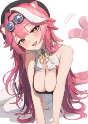 1girl absurdres animal_ear_fluff arm_support beret black_hat blue_brooch blush breasts breasts_squeezed_together cleavage collar commentary deho_toiimasu fangs goggles goggles_on_head hair_between_eyes hair_intakes hat head_tilt highres hololive hololive_english large_breasts long_hair looking_at_viewer multicolored_hair open_mouth panther_ears panther_girl panther_tail pink_hair raora_panthera shadow sitting solo streaked_hair tail tail_wagging teeth thighhighs two-tone_hair upper_teeth_only virtual_youtuber white_collar white_hair white_thighhighs yellow_eyes yokozuwari