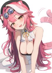 1girl absurdres animal_ear_fluff animal_ears arm_support beret black_hat blue_brooch blush breasts breasts_squeezed_together cleavage collar commentary deho_toiimasu fangs goggles goggles_on_head hair_between_eyes hair_intakes hat head_tilt highres hololive hololive_english large_breasts long_hair looking_at_viewer multicolored_hair open_mouth panther_ears panther_girl panther_tail pink_hair raora_panthera shadow sitting solo streaked_hair tail tail_wagging teeth thighhighs two-tone_hair upper_teeth_only virtual_youtuber white_collar white_hair white_thighhighs yellow_eyes yokozuwari