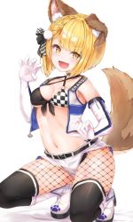 Rule 34 | 1girl, :d, alternate costume, animal ear fluff, animal ears, belt, black belt, black pantyhose, black ribbon, blonde hair, blush, boots, braid, breasts, claw pose, cleavage, collarbone, dog ears, elbow gloves, erune, fishnet thighhighs, fishnets, front-tie top, full body, gloves, granblue fantasy, hair ribbon, hyouta (yoneya), looking at viewer, medium breasts, navel, open mouth, pantyhose, pom pom (clothes), race queen, ribbon, short hair, short shorts, shorts, simple background, sleeveless, sleeveless jacket, smile, solo, squatting, tail, thighhighs, thighhighs over pantyhose, vajra (granblue fantasy), white background, white footwear, white gloves, yellow eyes, zipper, zipper pull tab