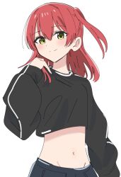 Rule 34 | 818 seki, black shirt, blue skirt, blush, bocchi the rock!, breasts, crop top, green eyes, groin, highres, kita ikuyo, long hair, long sleeves, looking at viewer, midriff, navel, one side up, pleated skirt, puffy sleeves, red hair, shirt, simple background, skirt, sleeve cuffs, small breasts, smile, standing, stomach, upper body, white background