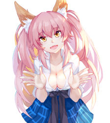 Rule 34 | 10s, 1girl, animal ear fluff, animal ears, blush, breasts, cleavage, clothes around waist, collarbone, fate/extella, fate/extra, fate (series), fox ears, fox tail, highres, jacket, jacket around waist, large breasts, long hair, looking at viewer, official alternate costume, open mouth, pink hair, saubupo, school uniform, shirt, simple background, skirt, smile, solo, tail, tamamo (fate), tamamo no mae (jk) (fate), twintails, unbuttoned, uniform, white background, yellow eyes