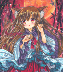 Rule 34 | 1girl, :o, ahoge, animal ear fluff, animal ears, bamboo, brooch, brown hair, brown tail, cowboy shot, frilled sleeves, frills, hair between eyes, imaizumi kagerou, jewelry, long hair, long sleeves, looking at viewer, marker (medium), moon, nail polish, open mouth, orange brooch, outdoors, pink nails, red background, red eyes, red moon, red skirt, red theme, rui (sugar3), sample watermark, shirt, skirt, solo, tail, touhou, traditional media, very long hair, watermark, white shirt, wide sleeves, wolf ears, wolf tail
