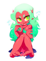 Rule 34 | 10s, barefoot, blush, breasts, cleavage, colored skin, covering privates, demon girl, feet, green hair, nabe (ingenmame), panty &amp; stocking with garterbelt, red skin, scanty (psg), soles, tail, tears, toes