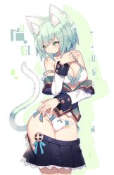 Rule 34 | 1girl, animal ear fluff, animal ears, bare shoulders, blush, bra, breasts, cat ears, cat tail, cleavage, clothes pull, embarrassed, green eyes, green hair, highres, mamuru, original, panties, short hair, skirt, skirt pull, solo, standing, strap slip, tail, underwear, undressing, unzipped, white background