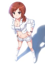 Rule 34 | 1girl, blush, boots, breasts, brown eyes, brown hair, cleavage, collarbone, contrapposto, full body, highres, kazenokaze, looking at viewer, medium breasts, midriff, navel, original, shadow, short shorts, shorts, simple background, smile, solo, sports bra, standing, white footwear