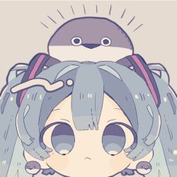 Rule 34 | 1girl, :&lt;, animal, animal on head, blue eyes, blue hair, closed mouth, commentary, earrings, grey background, hair ornament, hatsune miku, highres, jewelry, kanato345, long hair, looking at viewer, on head, portrait, sacabambaspis, simple background, solo, straight-on, twintails, vocaloid