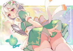 Rule 34 | 1girl, :o, alternate costume, ass, blush, breasts, commentary request, covering privates, covering ass, dress, enmaided, flower, from behind, from below, green dress, hair between eyes, hair flower, hair ornament, hand up, hasu (velicia), highres, holding, holding tray, kokkoro (princess connect!), looking at viewer, looking back, looking down, maid, maid headdress, panties, parted lips, pink flower, pointy ears, princess connect!, puffy short sleeves, puffy sleeves, purple eyes, short sleeves, silver hair, small breasts, solo, thighhighs, tray, underwear, white panties, white thighhighs, wrist cuffs