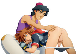 Rule 34 | 2boys, age difference, aladdin (character), aladdin (disney), anus, ass, black hair, black male underwear, blue eyes, bottomless, brown eyes, brown hair, crossover, drooling, fellatio, fez hat, hand on ass, kingdom hearts, licking, looking at viewer, male focus, male underwear, multiple boys, naughty face, oral, pants, patchwork clothes, penis, penis grab, purple vest, saliva, sora (kingdom hearts), spiked hair, testicles, uncensored, underwear around leg, underwear down, undressing, vest, white background, white pants, yaoi