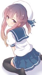 Rule 34 | 1girl, black thighhighs, blue neckerchief, blue ribbon, blue sailor collar, blue skirt, commentary request, from behind, gloves, gradient hair, hat, highres, kantai collection, koumei (twinameless), looking at viewer, looking back, multicolored hair, neckerchief, no shoes, orange hair, pleated skirt, puffy short sleeves, puffy sleeves, purple eyes, purple hair, ribbon, sailor collar, sailor hat, short hair, short sleeves, sidelocks, simple background, sitting, skirt, solo, thighhighs, tsushima (kancolle), white background, white gloves, white hat, zettai ryouiki