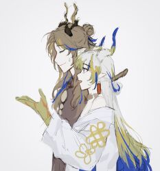 Rule 34 | :d, arknights, bare shoulders, blue eyes, blue hair, brown hair, character request, closed eyes, closed mouth, dragon horns, from side, grey background, grey hair, hand up, highres, horns, jacket, long hair, long sleeves, multicolored hair, off shoulder, open mouth, pointy ears, profile, puffy long sleeves, puffy sleeves, shu (arknights), simple background, sixi9359, sketch, smile, streaked hair, very long hair, white jacket, zhi (arknights)