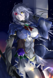 Rule 34 | 1girl, absurdres, black gloves, breasts, closed mouth, commentary request, contrapposto, cowboy shot, gem, gloves, glowing, glowing eyes, grey hair, hair between eyes, hand up, heterochromia, highres, holding, holding weapon, large breasts, legs apart, minarai tenna, neck ribbon, night, night sky, original, outdoors, pale skin, pants, pillar, purple lips, red eyes, ribbon, serious, sky, slit pupils, solo, standing, star (sky), starry sky, weapon, yellow eyes