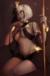 Rule 34 | 1girl, armlet, artist name, bad id, bad tumblr id, black hair, black lips, black sclera, blunt bangs, breasts, brown eyes, colored sclera, colored skin, commentary, dark-skinned female, dark skin, english commentary, heterochromia, highres, jewelry, large breasts, lips, lipstick, makeup, matilda fiship, multicolored hair, multicolored skin, navel, original, parted lips, shiny skin, short hair, skeletal arm, skirt, smile, solo, stomach, two-tone hair, undead, white hair, yellow eyes