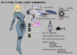 Rule 34 | 1girl, absurdres, black eyes, blonde hair, bodysuit, breasts, bright pupils, canopy (aircraft), character name, character profile, character sheet, energy beam, energy cannon, english text, force (r-type), grey background, highres, large breasts, laser, pilot suit, profile, r-type, rocket engine, science fiction, short hair, spacecraft, starfighter, teeratach chieocharnsart, white pupils
