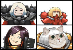 Rule 34 | 3girls, adepta sororitas, armor, black border, blonde hair, blunt bangs, blush, bob cut, border, cat, closed eyes, commentary, commission, english commentary, facial mark, gauntlets, grey hair, grin, hands up, looking at viewer, lutherniel, medium hair, multiple girls, own hands together, pauldrons, purple hair, sanpaku, shoulder armor, slit pupils, smile, tongue, tongue out, warhammer 40k, white background