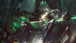Rule 34 | 1boy, absurdres, black jacket, black pants, boots, closed mouth, crown, feet out of frame, from below, glowing, green eyes, grey hair, highres, jacket, knee boots, league of legends, long sleeves, looking at viewer, medium hair, no shirt, open clothes, open jacket, pants, signature, sitting, solo, sword, throne, toned, toned male, viego (league of legends), weapon, wutu (1183238220)