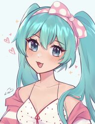 Rule 34 | 1girl, :3, :d, aqua hair, bare shoulders, blue background, blue eyes, breasts, camisole, cleavage, commentary, hairband, hatsune miku, heart, highres, jacket, long hair, looking at viewer, off shoulder, open mouth, pink hairband, pink jacket, polka dot hairband, purrlucii, small breasts, smile, solo, spaghetti strap, striped clothes, striped jacket, twintails, upper body, vocaloid