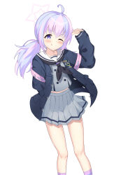 Rule 34 | 1girl, absurdres, ahoge, backpack, bag, black jacket, black neckerchief, blue archive, blue eyes, blue hair, blush, closed mouth, feet out of frame, grey shirt, grey skirt, hair ornament, hand up, highres, jacket, light blue hair, multicolored hair, neckerchief, one eye closed, pink hair, pleated skirt, reisa (blue archive), shirt, simple background, skirt, smile, solo, star (symbol), star hair ornament, twintails, white background, yunikawanade